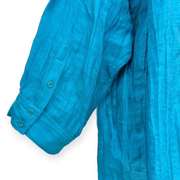 Peter Nygard | 1X | Turquoise Blue Linen Blend Crinkle Button-Down Tunic Shirt - Picture 6 of 8